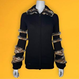 Vintage FENDI Y2K Cashmere Black Knit w Brown Fur Trim Zip Sweater Cardigan - 42